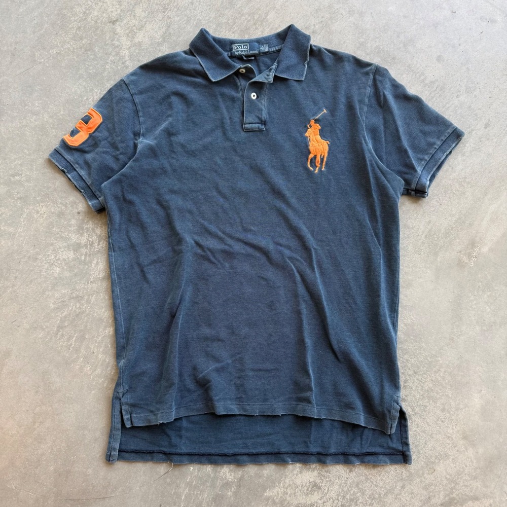 Polo Ralph Lauren Mens Custom Fit Big Pony Polo Shirt Navy Blue Orange Size L